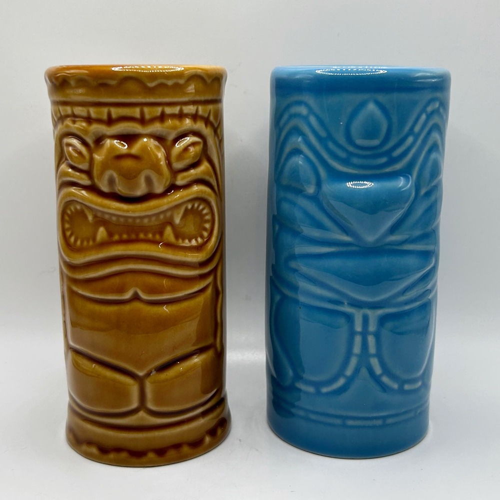 Accoutrements VTG 2001 Ceramic Tiki Tumblers 12 Oz Cocktail Glasses Set Of 2